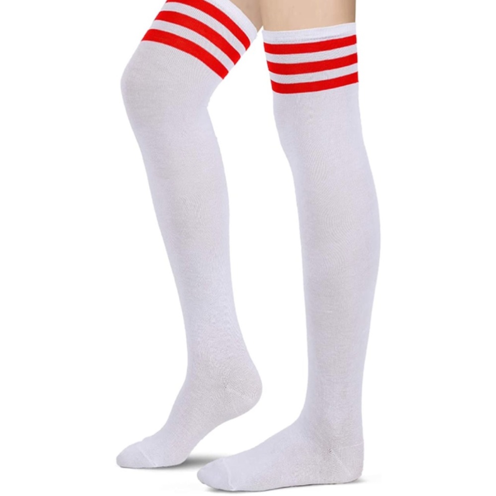 White Nylon Thigh High Stockings | Red Stripe Over the Knee | Retro Athletic
